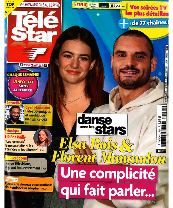 Elsa Blois et Florent Manaudou en couverture de "Télé Star", programmes du 5 au 11 avril 2025.