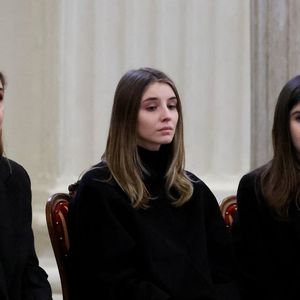 La princesse Clotilde Courau et ses filles les princesses Vittoria et Luisa à la Veillée funèbre du prince Victor-Emmanuel de Savoie, en l'Eglise de Sant'Uberto à Turin. © Dominique Jacovides/Bestimage
