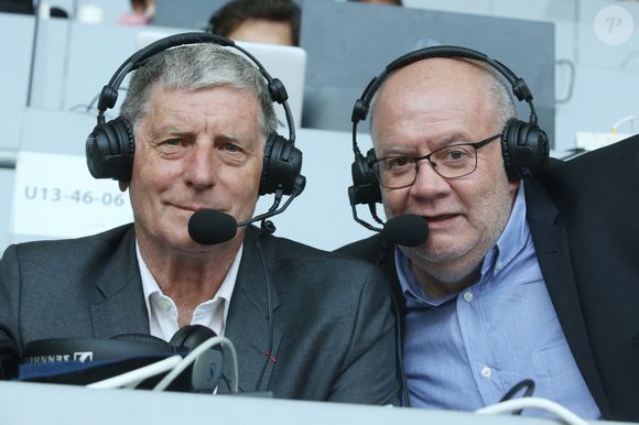 Jean-Michel Larqué commente son dernier match avec  Jean Rességuié pour RMC. Le match de la finale de la Coupe nationale entre Les Herbiers et le Paris Saint Germain PSG au Stade de France le 09 mai 2018 à Saint-Denis, au nord de Paris, France. Photo by ABACAPRESS.COM