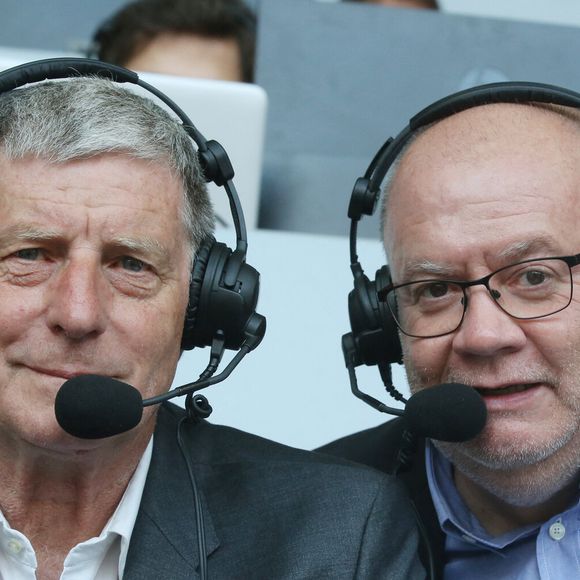 Jean-Michel Larqué commente son dernier match avec  Jean Rességuié pour RMC. Le match de la finale de la Coupe nationale entre Les Herbiers et le Paris Saint Germain PSG au Stade de France le 09 mai 2018 à Saint-Denis, au nord de Paris, France. Photo by ABACAPRESS.COM