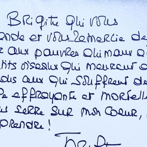 Le lettre manuscrite de Brigitte Bardot datée du 5 juillet 2025, transmise par la Fondation Brigitte Bardot