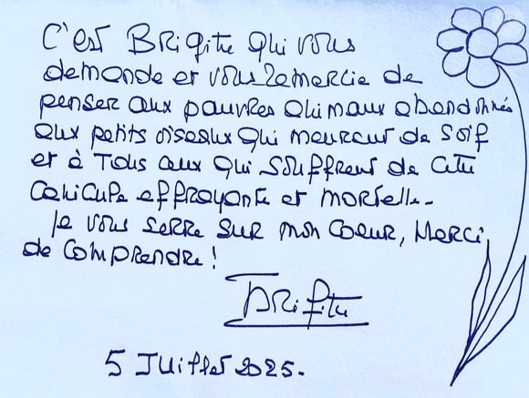 Le lettre manuscrite de Brigitte Bardot datée du 5 juillet 2025, transmise par la Fondation Brigitte Bardot