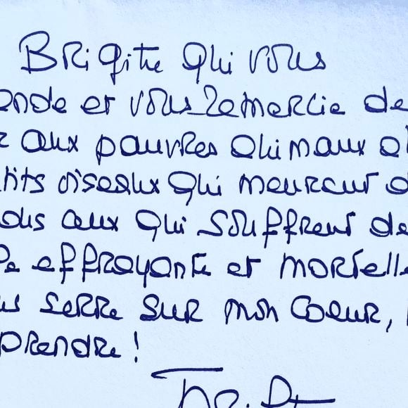 Le lettre manuscrite de Brigitte Bardot datée du 5 juillet 2025, transmise par la Fondation Brigitte Bardot
