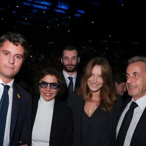 Exclusif - Gabriel Attal, Louis Sarkozy, Rachida Dati, Carla Bruni-Sarkozy, Nicolas Sarkozy lors d'une cérémonie organisée par le Conseil des institutions juives de France (CRIF) en hommage aux victimes des attentats du Hamas du 7 octobre 2023 contre Israël, à l'occasion du premier anniversaire de l'événement, à Paris, le 7 octobre 2024. © Jack Tribeca / Bestimage