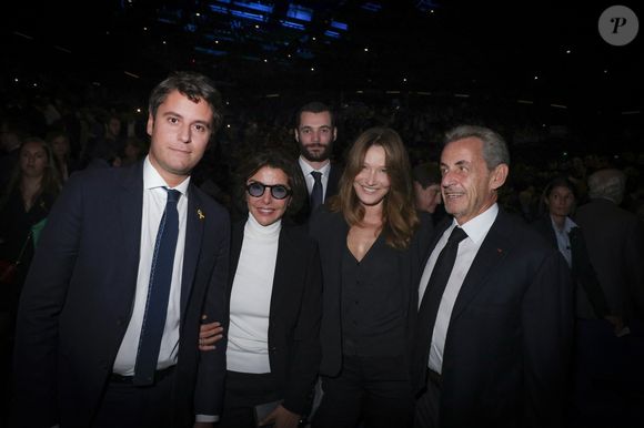Exclusif - Gabriel Attal, Louis Sarkozy, Rachida Dati, Carla Bruni-Sarkozy, Nicolas Sarkozy lors d'une cérémonie organisée par le Conseil des institutions juives de France (CRIF) en hommage aux victimes des attentats du Hamas du 7 octobre 2023 contre Israël, à l'occasion du premier anniversaire de l'événement, à Paris, le 7 octobre 2024. © Jack Tribeca / Bestimage