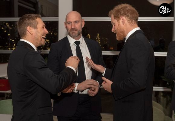 Le duc de Sussex, Jonny Wilkinson et Lawrence Dallaglio participent à la réception "Jonny Wilkinson foundation" avec des membres de l'équipe de rugby à XV d'Angleterre au Kensington Palace Pavilion à Londres, Royaume Uni, le 13 février 2019.