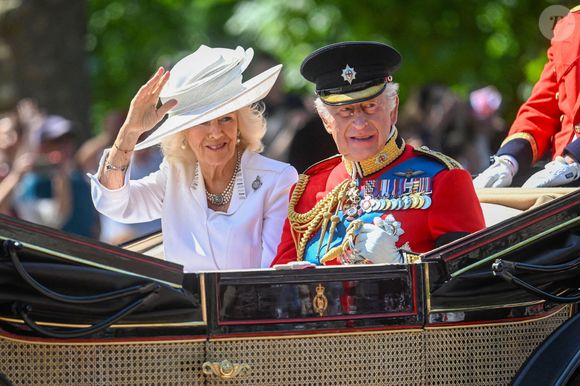 La reine Camilla, le roi Charles III lors du défilé des couleurs 2025, à Londres, Royaume-Uni, le 14 juin 2025. Photo by Zak Hussein/Splash News/ABACAPRESS.COM