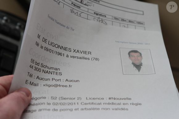 Le formulaire d'inscription de Xavier Dupont de Ligonnes au club de tir des Jammonières à La Chapelle-sur-Erdre, près de Nantes. Photo by ABACAPRESS.COM