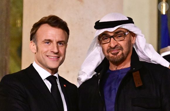 Le président Emmanuel Macron accueille Mohamed Bin Zayed Al-Nahyan, Président des Émirats Arabes Unis, au palais de l'Elysée pour une signature d’accord et un dîner de travail le 6 février 2025.

© Christian Liewig / Bestimage