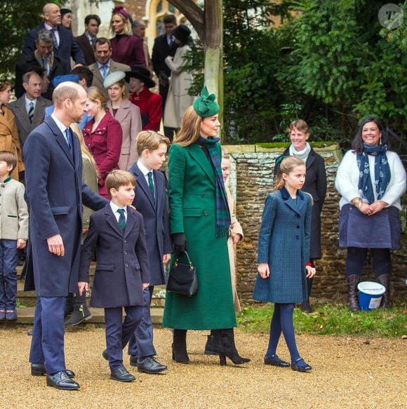 Mia Grace Tindall, Catherine (Kate) Middleton, princesse de Galles, Prince Louis, Princesse Charlotte, Prince George, Le prince William, prince de Galles - La famille royale britannique se rend à la messe de Noël à Sandringham le 25 décembre 2024.