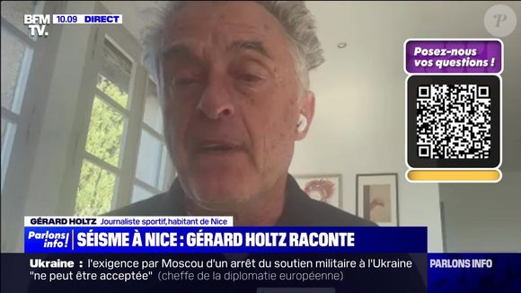 Gérard Holtz témoigne sur l'antenne de BFMTV le mercredi 19 mars 2025 suite au séisme qui a touché la ville de Nice la veille.
Crédit : BFMTV