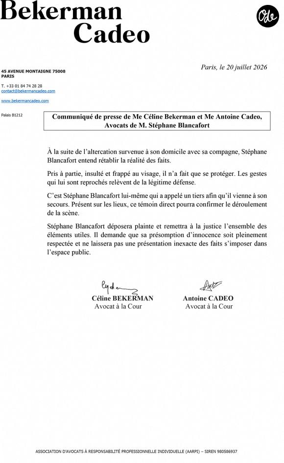 Communiqué de presse des avocats de Stéphane Blancafort
Info: Deux acteurs de la série "Ici tout commence", sur TF1, ont été impliqués dans une violente altercation dans un bar, hors tournage. Stéphane Blancafort aurait été mis en garde à vue 𝐚𝐩𝐫𝐞̀𝐬 𝐚𝐯𝐨𝐢𝐫 𝐭𝐞𝐧𝐭𝐞́ 𝐝''𝐞́𝐭𝐫𝐚𝐧𝐠𝐥𝐞𝐫 Catherine Davydzenka, sa compagne et mis à pied... TF1 et STUDIO TF1 indiquent ce samedi avoir été informés la veille d’une violente altercation impliquant les deux comédiens de la série diffusée depuis novembre 2020. Selon ce communiqué, cette dispute s’est déroulée en marge du tournage