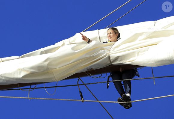 La princesse Leonor d'Espagne est en formation sur le voilier école Juan Sebastian De Elcano le 31 janvier 2025. LALO YASKY / BESTIMAGE