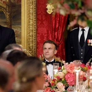 Le prince Albert II de Monaco, Le président Emmanuel Macron, La princesse Caroline de Hanovre lors du dîner d'état au palais princier dans le cadre de la visite d'État de deux jours du couple présidentiel français à Monaco avant l'Unoc3 le 7 juin 2025.
© Ludovic Marin / Pool / Bestimage