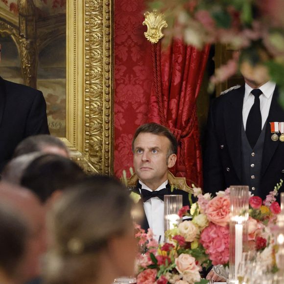 Le prince Albert II de Monaco, Le président Emmanuel Macron, La princesse Caroline de Hanovre lors du dîner d'état au palais princier dans le cadre de la visite d'État de deux jours du couple présidentiel français à Monaco avant l'Unoc3 le 7 juin 2025.
© Ludovic Marin / Pool / Bestimage