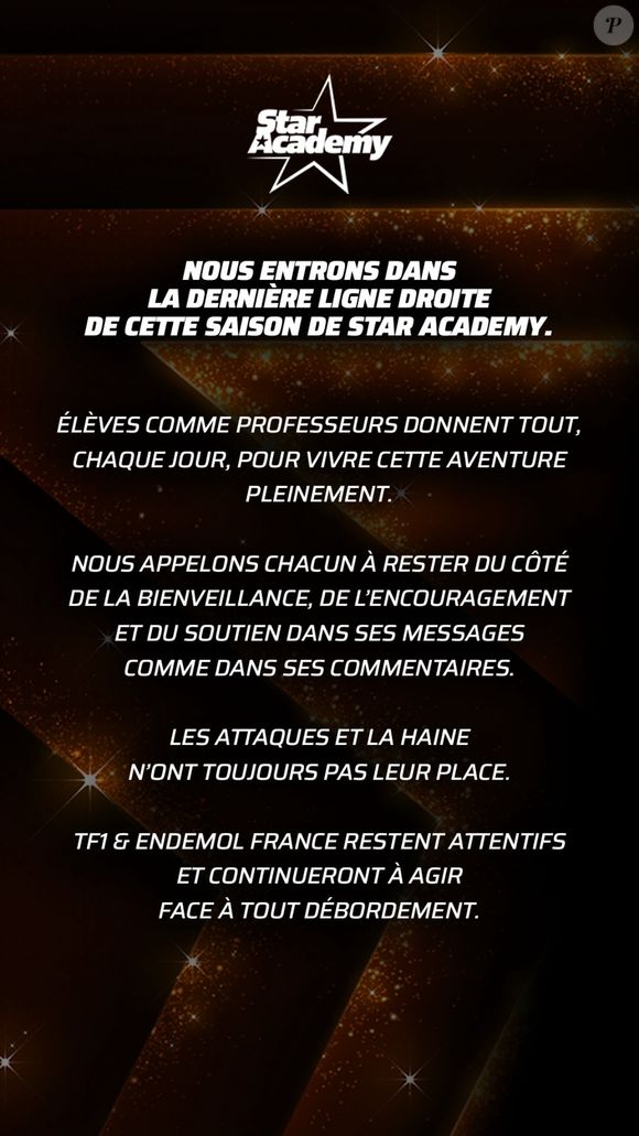Le message de la production de la "Star Academy" posté le samedi 10 janvier 2026 en story Instagram