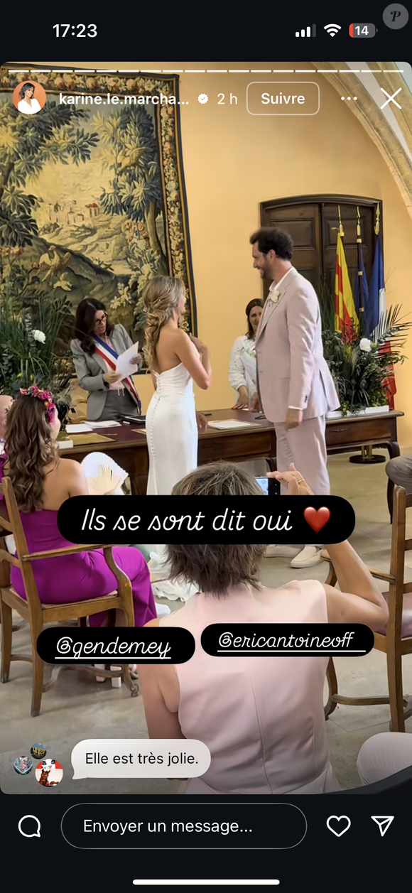 Gennifer, sublime dans une robe blanche au style raffiné, et Éric, élégant dans un costume rose pâle, ont échangé leurs vœux sous les applaudissements de leurs proches, dont Karine Le Marchand. 

Story Instagram de Karine Le Marchand