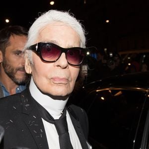Karl Lagerfeld et son assistant Sébastien Jondeau arrivant à la soirée de Carine Roitfeld à l'hôtel Four Seasons George V à Paris, le 4 mars 2017. © AGENCE/Bestimage