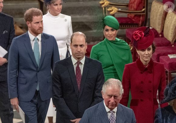Le prince Edward, comte de Wessex, Sophie Rhys-Jones, comtesse de Wessex, Le prince William, duc de Cambridge, et Catherine (Kate) Middleton, duchesse de Cambridge, Le prince Charles, prince de Galles, et Camilla Parker Bowles, duchesse de Cornouailles, Le prince Harry, duc de Sussex, Meghan Markle, duchesse de Sussex - La famille royale d'Angleterre lors de la cérémonie du Commonwealth en l'abbaye de Westminster à Londres le 9 mars 2020. ©Mirrorpix / Bestimage