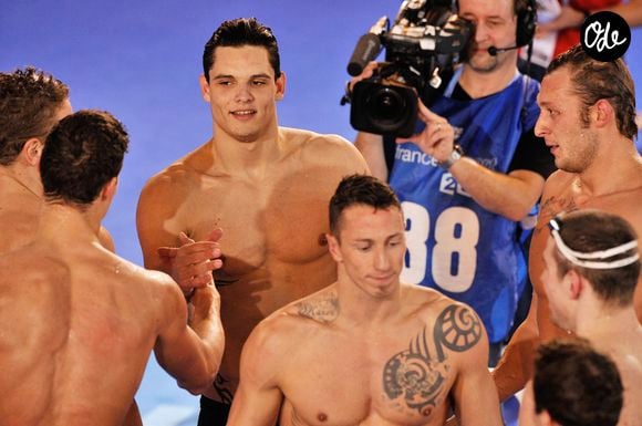 Florent Manaudou et Frederick Bousquet  lors des Championnats d' Europe de Natation a Chartres le 25 Novembre 2012. Agence / Bestimage