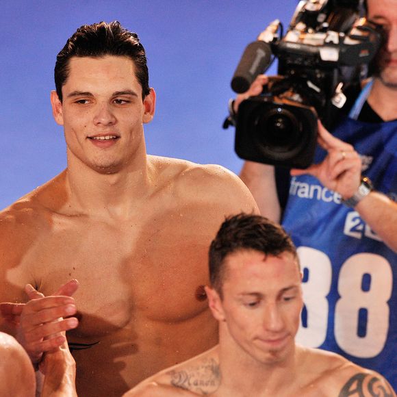 Florent Manaudou et Frederick Bousquet  lors des Championnats d' Europe de Natation a Chartres le 25 Novembre 2012. Agence / Bestimage