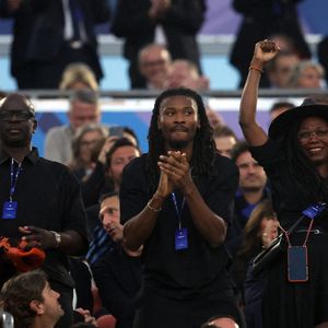 Lilian Thuram, Khephren Thuram, Kareen Guiock Thuram lors de la finale de l'UEFA Champions League 2025 entre le Paris Saint-Germain (PSG) et le FC Internazionale Milano (Inter Milan) à l'Allianz Arena de Munich, Allemagne, le 31 mai 2025. Photo by Marco Iacobucci/IPA/ABACAPRESS.COM