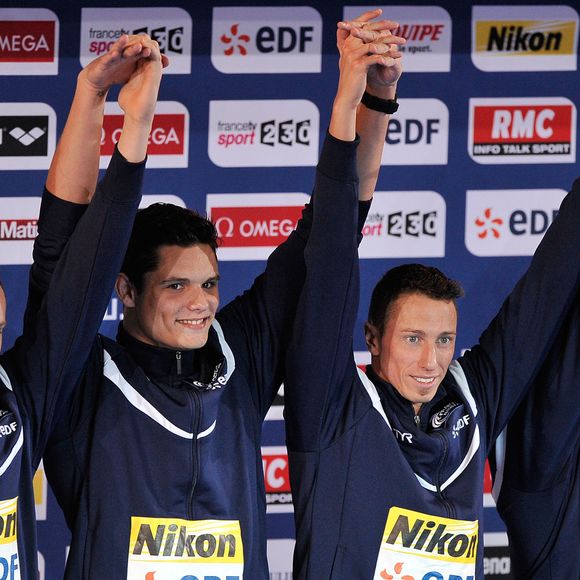 Jeremy Stravius, Florent Manaudou, Frederick Bousquet et Giacomo Perez Dortona optiennent l'or aux Championnats d' Europe de Natation a Chartres le 22 novembre 2012. Agence / Bestimage