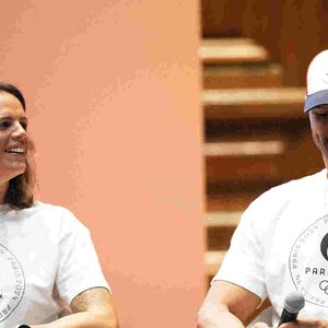 Laure Manaudou - Florent Manaudou - Dévoilement du parcours du relais de la flamme des Jeux Olympiques de Paris 2024 dans la grand amphitheatre de la Sorbonne à Paris le 23 juin 2023.