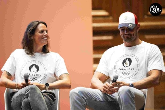 Laure Manaudou - Florent Manaudou - Dévoilement du parcours du relais de la flamme des Jeux Olympiques de Paris 2024 dans la grand amphitheatre de la Sorbonne à Paris le 23 juin 2023.
