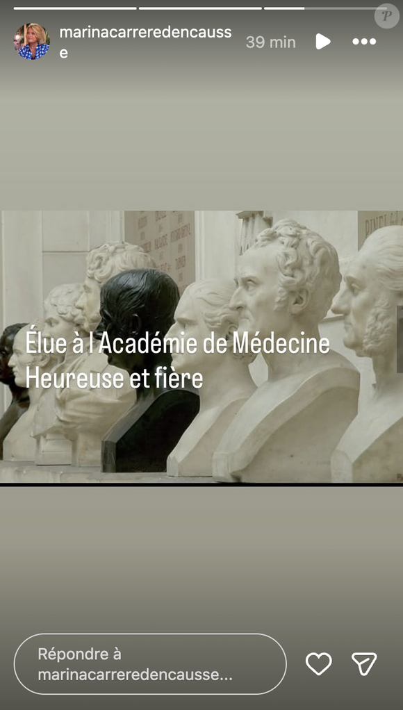 Marina Carrère d'Encausse annonce l'heureuse nouvelle ce mercredi 11 mars en story Instagram et se dit "heureuse et fière" de vivre ce moment. 

Marina Carrère d'Encausse élue à l'Académie de médecine.