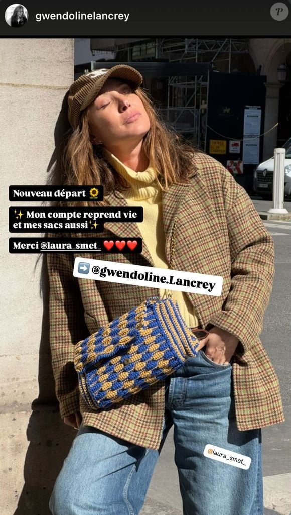 "Nouveau départ. Mon compte reprend vie et mes sacs aussi. Merci Laura Smet", a ajouté Gwendoline en légende d'un cliché partagé en story dans lequel nous voyons Laura Smet prendre la pose avec un de ses sacs.

Laura Smet prend la pose par la marque de sacs de sa belle-sœur Gwendoline Lancrey sur Instagram