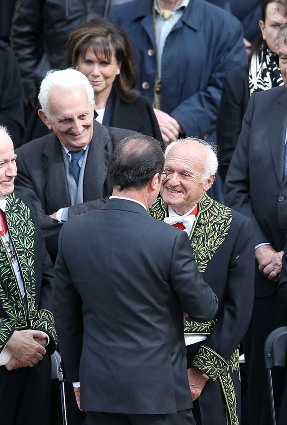 Le président de la République, François Hollande, Anne Sinclair et Pierre Nora - Hommage national à Alain Decaux à l'Hôtel national des Invalides à Paris, le 4 avril 2016. 
© Cyril Moreau/Bestimage