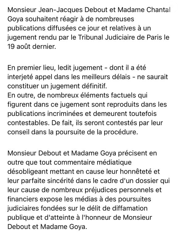 Droit de réponse Chantal Goya et Jean-Jacques Debout le 6 septembre 2025 ©Chantal Goya