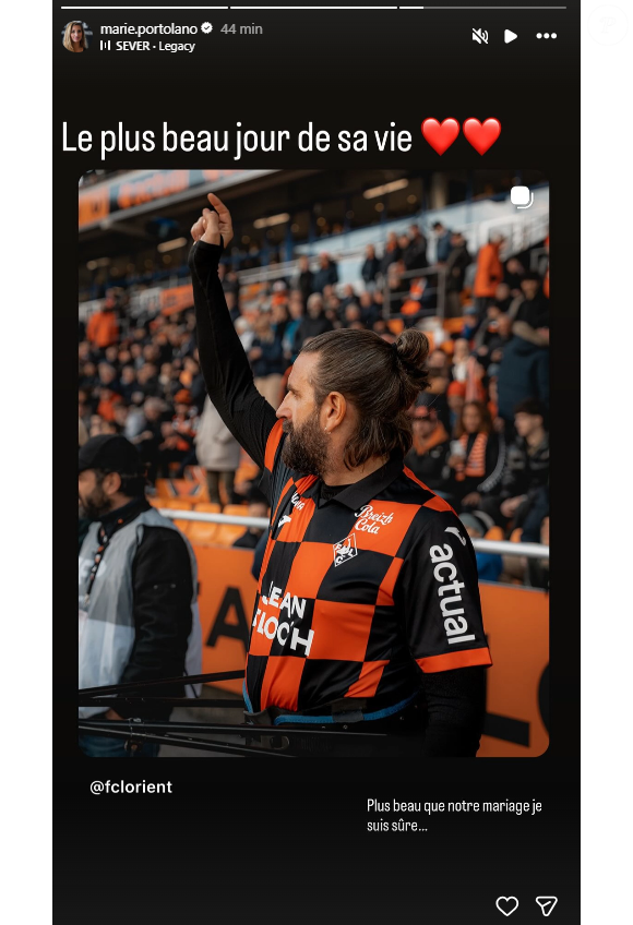 "Le plus beau jour de sa vie", s'en est émue Marie Portolano après coup, en repartageant cette publication sur sa story. Et d'ajouter avec malice : "Plus beau que notre mariage je suis sûre..."

Marie Portolano fière de son mari Grégoire Ludig.