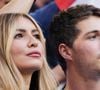 Dylan Deschamps et sa compagne Mathilde Cappelaere - Célébrités dans les tribunes du match du groupe D de l'Euro 2024 entre l'équipe de France face à l'Autriche (1-0) à Dusseldorf en Allemagne le 17 juin 2024. © Cyril Moreau/Bestimage