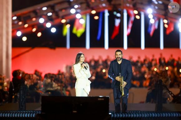 Exclusif - Hiba Tawaji et Ibrahim Maalouf - Emission "Le concert pour la paix" sur les Champs-Elysées à Paris, retransmis en direct sur France 2, le 8 mai 2025. © Christophe Clovis - Pierre Perusseau / Bestimage