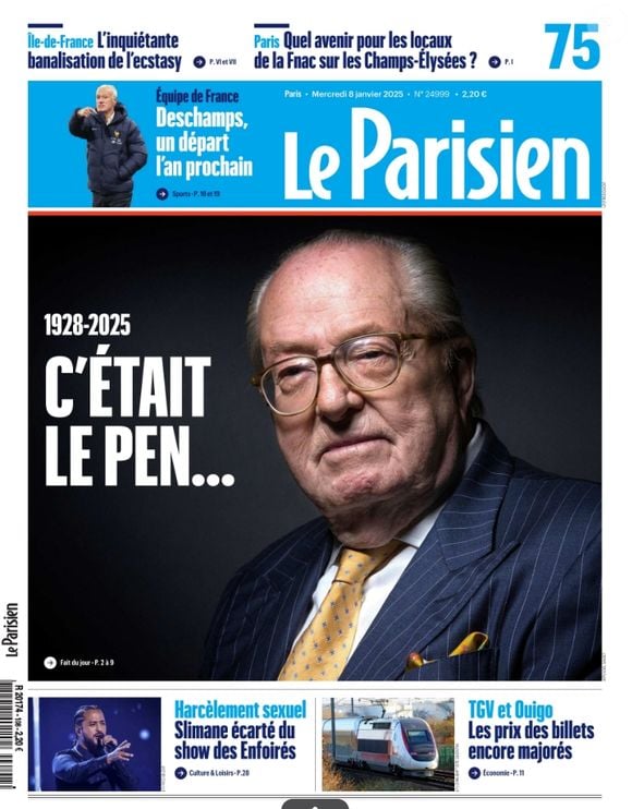 Jean-Marie Le Pen en Une du "Parisien" ce mercredi 8 janvier 2025.