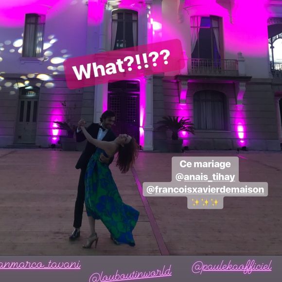 Elodie Frégé (en Paule Ka) et son compagnon Gianmarco Tavani au mariage de François-Xavier Demaison et Anaïs Tihay le 7 juin 2019 au château de Valmy dans les Pyrénées-Orientales. Photo Instagram.