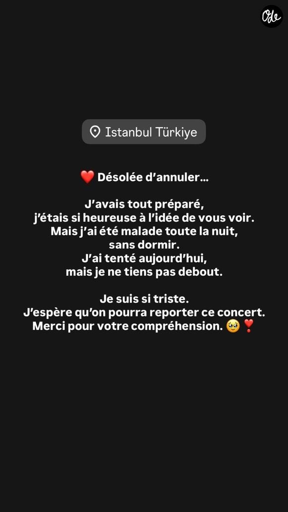 Zaz a confié être contrainte d'annuler une date de sa tournée. Capture d'écran Instagram