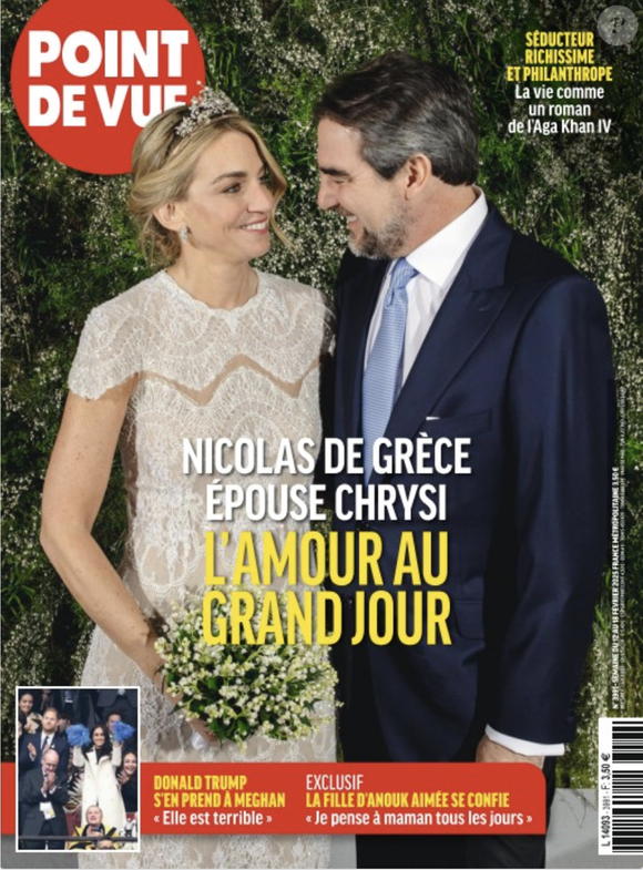 La une du magazine Point de vue à l'occasion du mariage de Nikolaos de Grèce et Chrysí Vardinogiannis