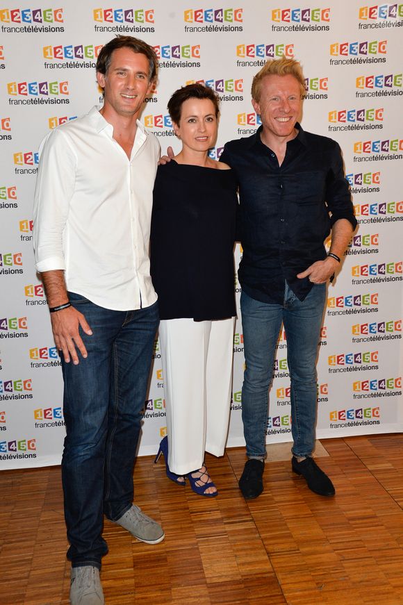 Raphaël de Casabianca, Sophie Jovillard, Jérôme Pitorin lors du photocall de la présentation de la nouvelle dynamique 2017-2018 de France Télévisions. Paris, le 5 juillet 2017.
© Guirec Coadic/Bestimage