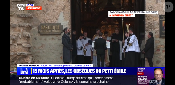 Le cercueil blanc d'Emile arrivant à la basilique Sainte-Marie-Madeleine de Saint-Maximin-la-Sainte-Baume le 8 février 2025. Il a ensuite été porté par ses parents Marie et Colomban Soleil , son parrain et sa marraine.