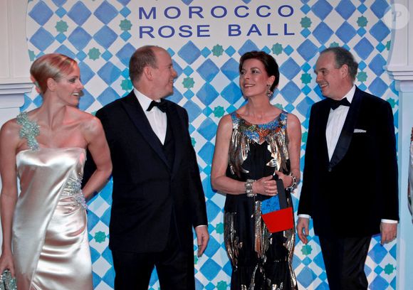 Charlene Wittstock, le Prince Albert II, la Princesse Caroline de Hanovre, le Ministre français de la Culture Frédéric Mitterrand assistant au Bal de la Rose 2010 'Maroc' qui s'est tenu au Sporting de Monaco à Monte Carlo, Monaco, le 27 mars 2010. Photo by Edward Wright/ABACAPRESS.COM