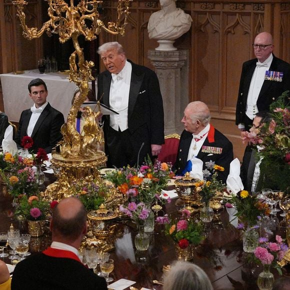 Le président américain Donald Trump prononce son discours sous le regard du roi Charles III et de la princesse de Galles lors du banquet d'État offert au président américain et à la première dame Melania Trump au château de Windsor, dans le Berkshire, au premier jour de leur deuxième visite d'État au Royaume-Uni. Mercredi 17 septembre 2025. Photo by Yui Mok/PA Wire/ABACAPRESS.COM