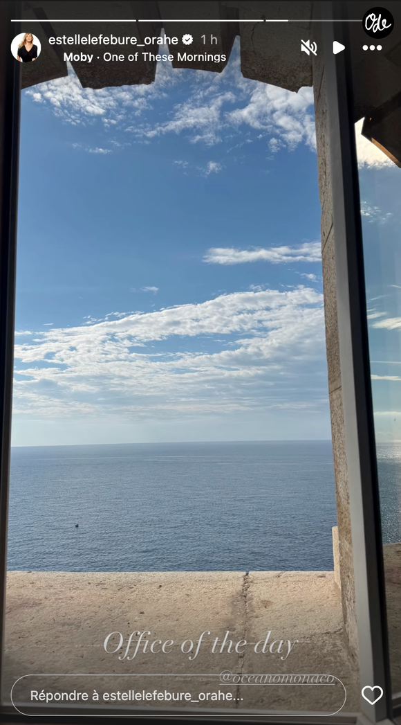Elle révèle à ses abonnés avoir la chance de pouvoir travailler avec une vue sur la mer et les transats de la Principauté.

Story du mardi 9 juin 2026 d'Estelle Lefébure

Photo : Instagram Estelle Lefébure