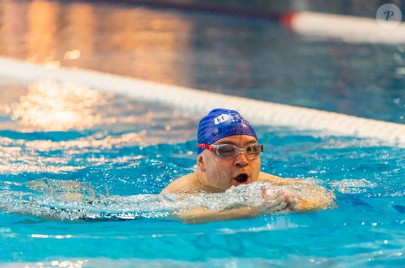 Yoann Riou, journaliste, lors du Challenge des Héros de la Natation qui a été lancé le 24 février lors du Meeting Olympique de Natation de Courbevoie. L'objectif est de combiner les participations pendant un mois afin de récolter des fonds pour les enfants d'Haïti, avec un objectif de 40000km. Le premier kilomètre a été effectué par des nageurs professionnels et des célébrités. Courbevoie, Ile de France, Paris, 24 février 2019. Photo by Daniel Derajinski/ABACAPRESS.COM