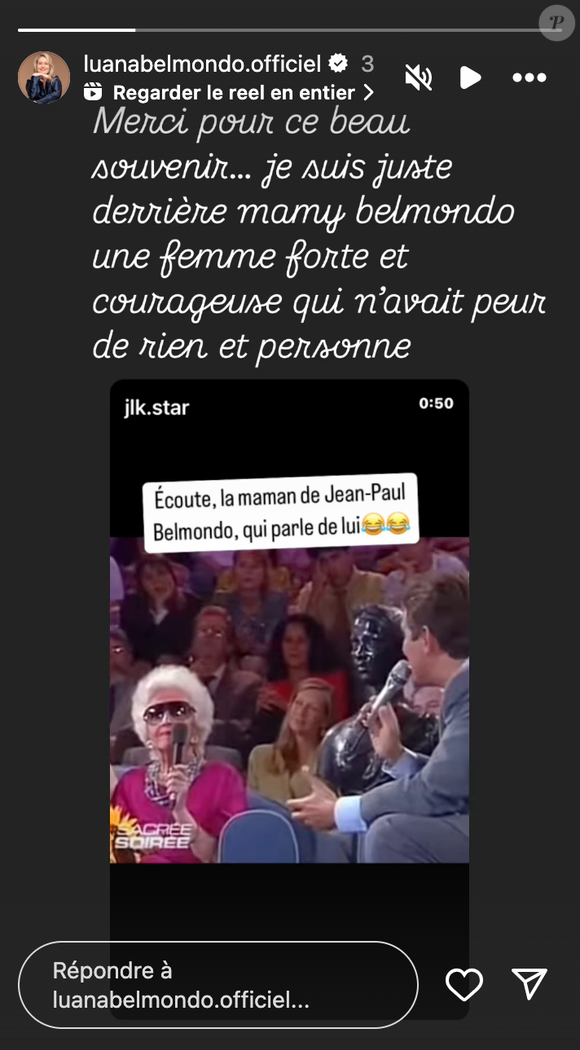 Luana Belmondo a partagé dans la story de son compte Instagram une vidéo dans laquelle la mère de Jean-Paul Belmondo s'exprime au sujet de son illustre fils.