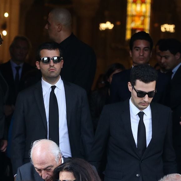 Jean-Victor Meyers, Nicolas Meyers, Jean-Pierre Meyers et sa femme Françoise Bettencourt Meyers - Sorties des obsèques de Liliane Bettencourt en l'église Saint-Pierre de Neuilly-sur-Seine le 26 septembre 2017. AGENCE / BESTIMAGE