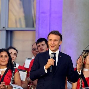 Emmanuel Macron - Réception de la France Music Week au Palais de l'Elysée dans le cadre de la Fête de la Musique à Paris le 20 Juin 2025. © Dominique Jacovides/Bestimage