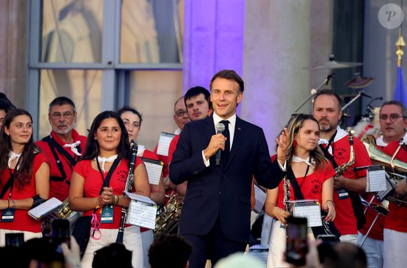 Emmanuel Macron - Réception de la France Music Week au Palais de l'Elysée dans le cadre de la Fête de la Musique à Paris le 20 Juin 2025. © Dominique Jacovides/Bestimage